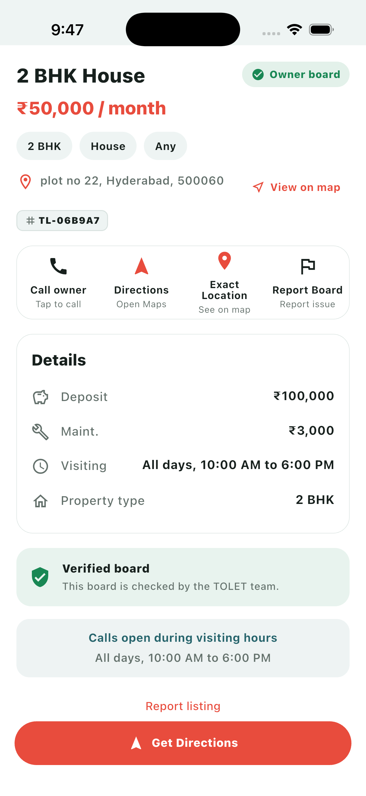 TOLET board details with rent, deposit and directions