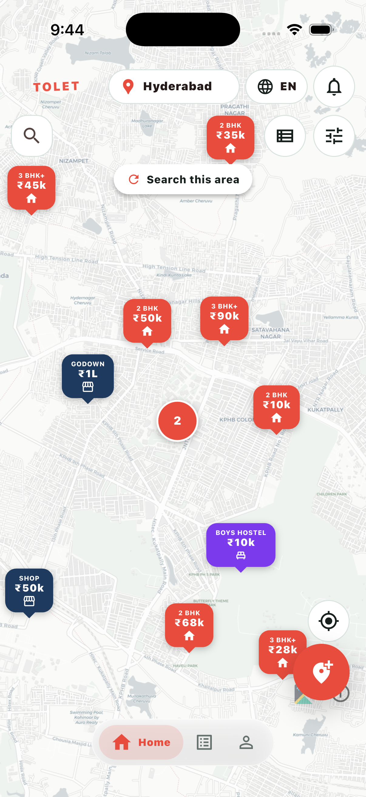 TOLET map showing rental boards with rent on each pin